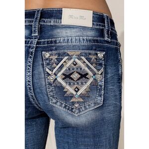 Miss Me Women's Mid Rise Turquoise Aztec Boot Cut 32x32 Jean #M3928B